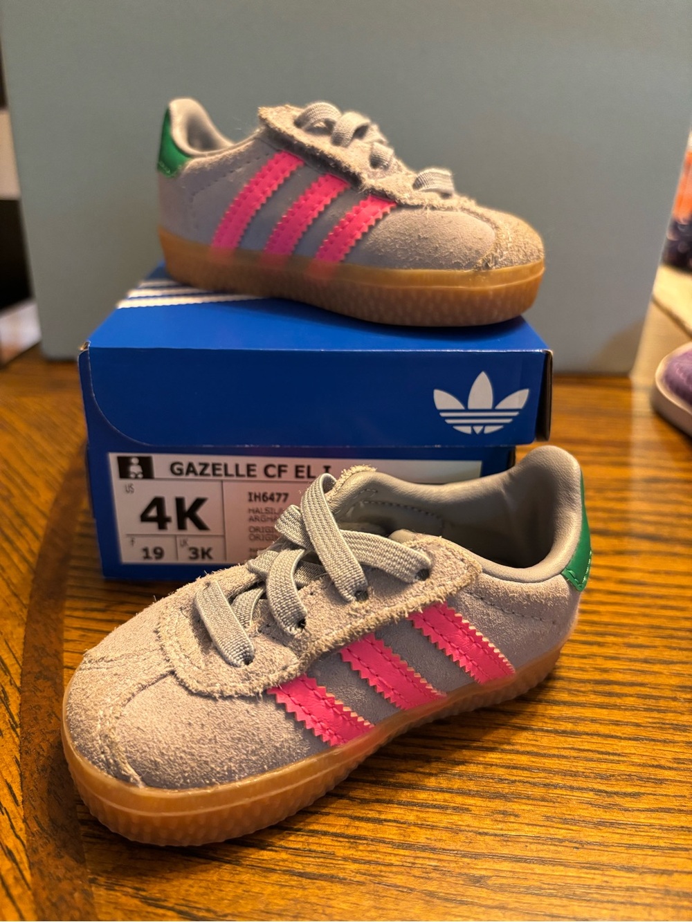 adidas Kids Gazelle Sneakers Gray with Pink Stripes and Gum Sole